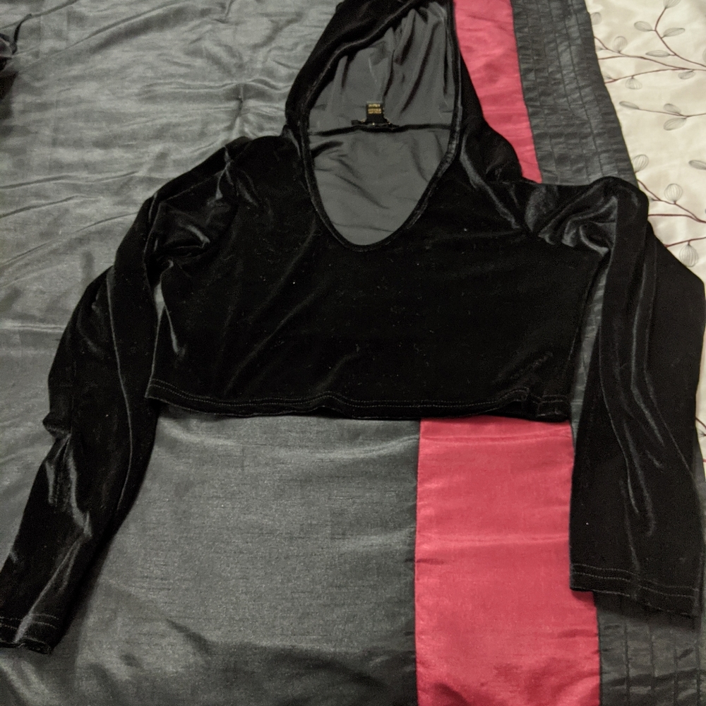 Black velour hooded crop top